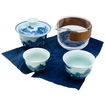 Souprava cestovní sklo a porcelán s gaiwanem krajina