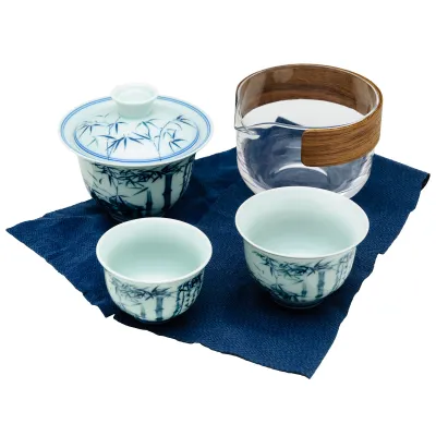 Souprava cestovní sklo a porcelán s gaiwanem bambus